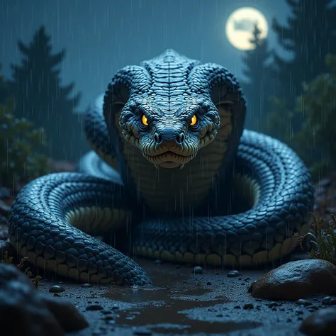 Create an ultra-realistic image in high-resolution 8K of a fierce, giant rattlesnake in a frontal position, showcasing its intimidating presence. The snake’s entire body is in focus, with massive, muscular coils and perfectly detailed scales running along ...