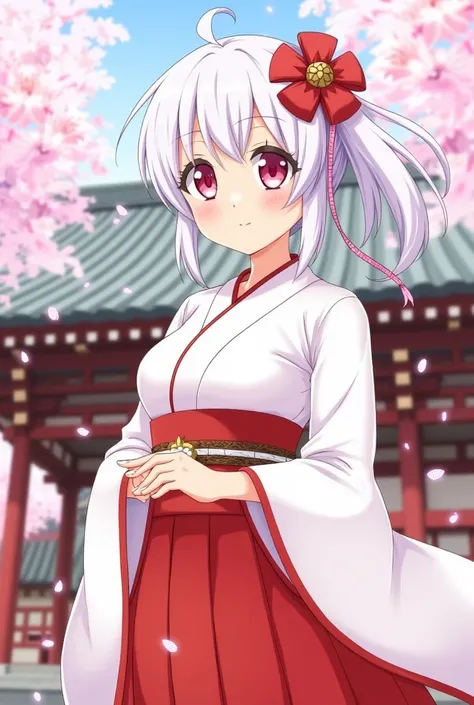 Red and white kimono, Cherry blossoms,  falling petals ,  temple shrine background ,  Daytime setting, alone, 1 female, personal,  looking at the audience , white hair,  Pink Eyes ,  Japanese cartoon . 