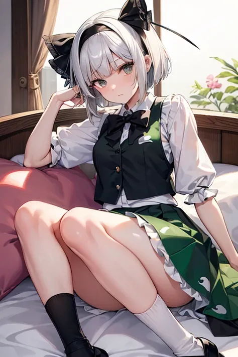 ({{konpaku youmu}}, grey eyes, hair ribbon, short white hair, blunt bangs, , black hairband, black hair ribbon, collared white shirt, black bowtie, green vest, puffy short sleeves, green circle skirt, frilled skirt, socks, from {{game cg}}}, year 2023, ver...