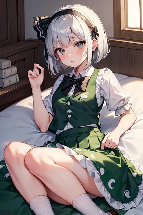 ({{konpaku youmu}}, grey eyes, hair ribbon, short white hair, blunt bangs, , black hairband, black hair ribbon, collared white shirt, black bowtie, green vest, puffy short sleeves, green circle skirt, frilled skirt, socks, from {{game cg}}}, year 2023, ver...