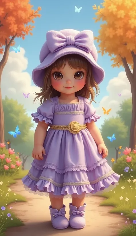 An ultra-realistic oil-painted image of a cute, smiling baby with brown hair, standing and wearing a lavender dress with delicate lace details and lots of ruffles, paired with a golden lace belt and matching boots. She is also wearing a lavender knitted ha...