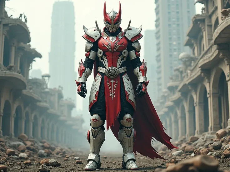 Kamen Rider, indonesia ,viking warrior style, white red colors, in broken city