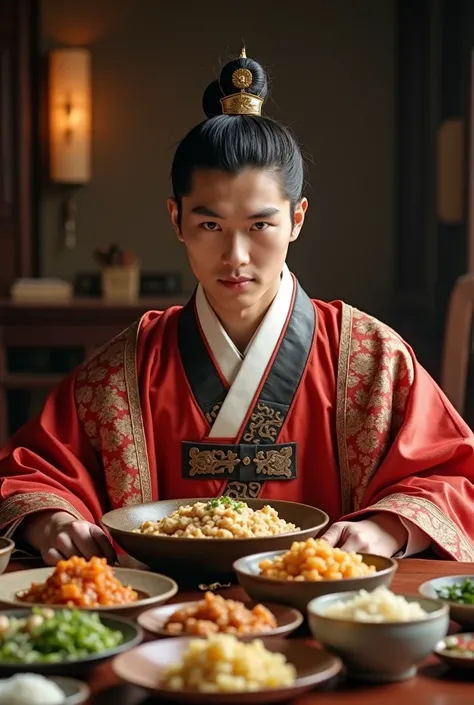  Horizontal photo when the king of south korea  (joseon dynasty )  eats a lot of his food  (banchan ) On the table,  His king should be handsome and young and looking towards the camera