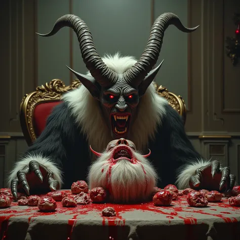  Psychotic Krampus sitting at an old table and dining on Santas head with a lot of flesh and blood,  at a table with a lot of flesh and blood , table in a luxurious and ABANDONED lounge ,  lots of cobwebs and dust , ALL VERY REAL AND DARK , Its dark Christ...