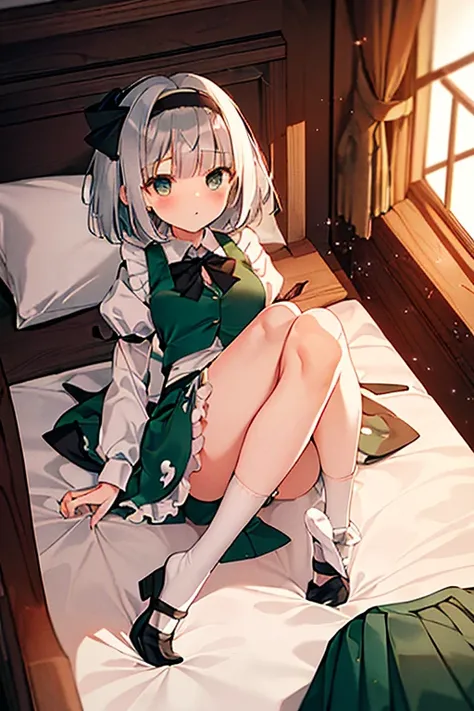 ({{konpaku youmu}}, grey eyes, hair ribbon, short white hair, blunt bangs, , black hairband, black hair ribbon, collared white shirt, black bowtie, green vest, puffy short sleeves, green circle skirt, frilled skirt, socks, from {{game cg}}}, year 2023, ver...