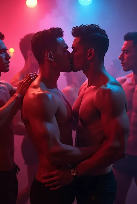 Create an image gay party with handsome muscular guys with korean look suck each other cock