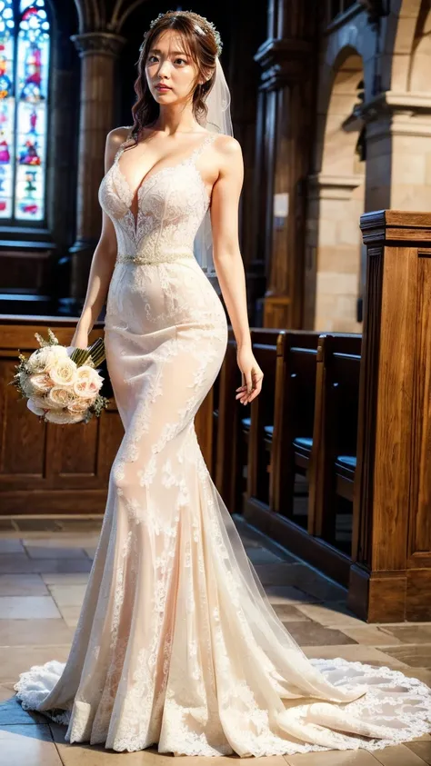 A beautiful young Japanese woman, 26 years old, with healthy thighs, beautiful legs, flawless skin, random hair color and style, large breasts, wearing a (wedding dress:1.3), full body shot, high heels, holding a bouquet in her hands, in a church setting, ...