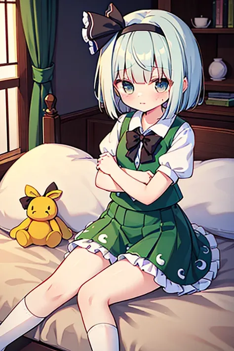 ({{konpaku youmu}}, grey eyes, hair ribbon, short white hair, blunt bangs, , black hairband, black hair ribbon, collared white shirt, black bowtie, green vest, puffy short sleeves, green circle skirt, frilled skirt, socks, from {{game cg}}}, year 2023, ver...