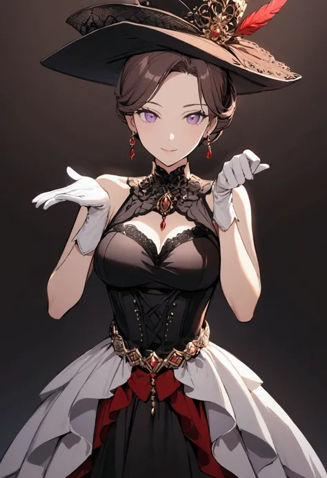 slender, mature female, 1girl, with long brown hair, light purple eyes,  wearing a rich red and black dress with intricate details, a decorative hat with red feather accents, and white gloves. Her hands are adorned with elegant white gloves. She has a gent...