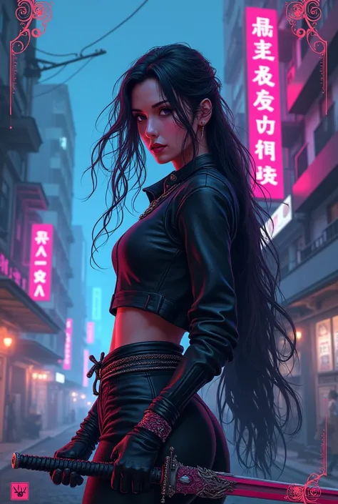 .a woman holding a sword in a city, style of artgerm, fuschia skin, kowloon, realistic portrait full body, assassin, lunapunk, inspired by Wang Wu, trending on artstatioin, as a tarot card, art of pixel jeff franek, blue edge, holy city | illustration, kni...