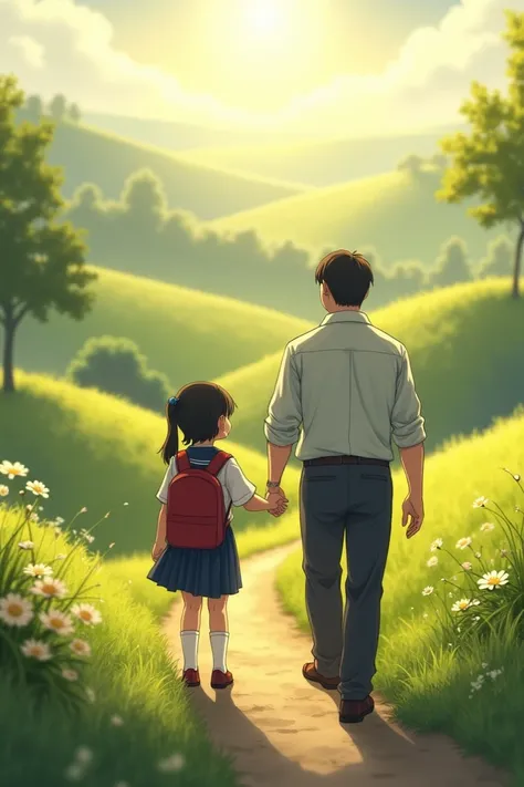 Create a photo of a girl dressed in school uniform holding her fathers hand down a hill in the morning
