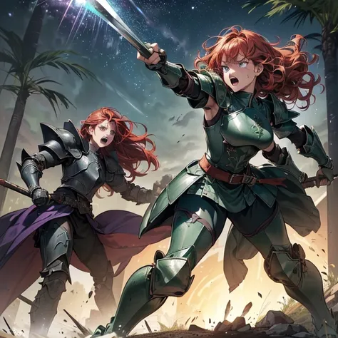 Masterpiece, HD, high resolution, high quality, best quality, super detailed. Multiple characters Fantasy art.
{{(A 60-years-old barbarian-woman:(she has: medium-lentgh scarlet-red curly-hair. purple-eyes. Very beautiful face. Angry-expression. Screaming v...