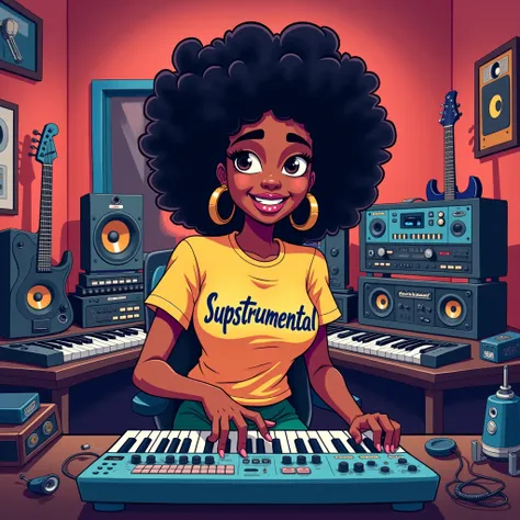 Black lady in studio making music, wearing a shirt writen Supstrumental, in cartoon