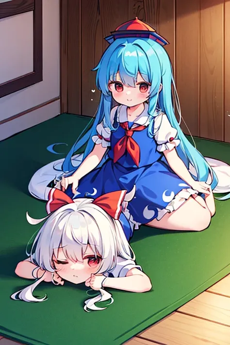 kamishirasawa keine (touhou), red eyes, long hair, two-tone hair, white hair, blue hair, sidelocks, bangs, blue headwear, blue dress, collared dress, puffy short sleeves, red neckerchief, blue skirt kamishirasawa keine and the characters of the Touhou Proj...