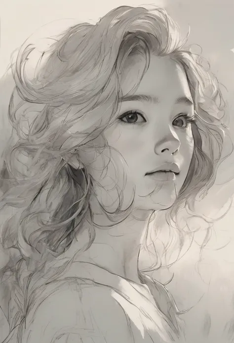 (  best quality ,  high definition ,   Masterpiece :1.2),  dynamic pose, 1 girl, Portraiture,  floral, super detailed, :1.37, Black ink sketch, Smooth Lines,  Expressive Expression and Gestures , simple background,  turns around to highlight light and dark...