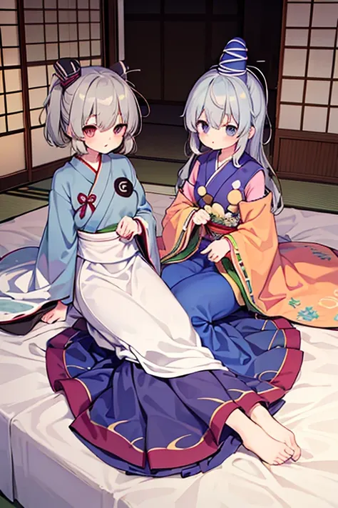 mononobe no futo, grey hair, tate eboshi, japanese clothes, kariginu mononobe no futo and the characters of the Touhou Project (Touhou) sleep in a fantasy room filled with cute racehorse stuffed toys and racehorse dolls.