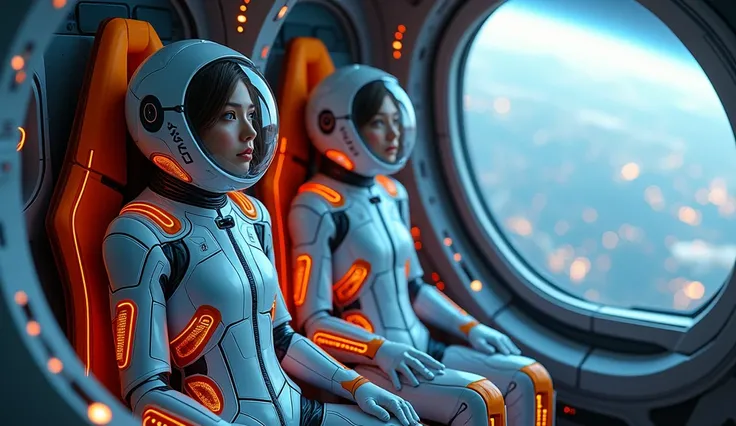 4k ultra HD, 8K, 32k.The image has texture. In the photo, a futuristic spaceship, a huge panoramic window nearby, is visible from space, and two girls are sitting in the pilots seat. In a shiny space suit with a transparent glass helmet. On the clothing, t...