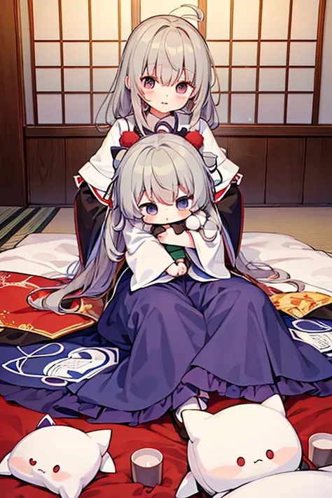 mononobe no futo, grey hair, tate eboshi, japanese clothes, kariginu mononobe no futo and the characters of the Touhou Project (Touhou) sleep in a fantasy room filled with cute racehorse stuffed toys and racehorse dolls.