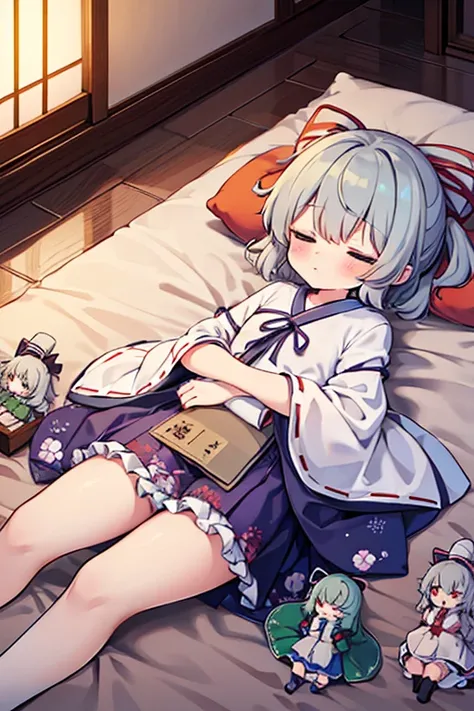 mononobe no futo, grey hair, tate eboshi, japanese clothes, kariginu mononobe no futo and the characters of the Touhou Project (Touhou) sleep in a fantasy room filled with cute racehorse stuffed toys and racehorse dolls.