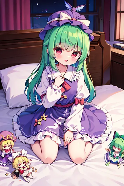 mystia lorelei, frilled skirt, frilled sleeves, long sleeves, hat mystia lorelei and the characters of the Touhou Project (Touhou) sleep in a fantasy room filled with cute racehorse stuffed toys and racehorse dolls.