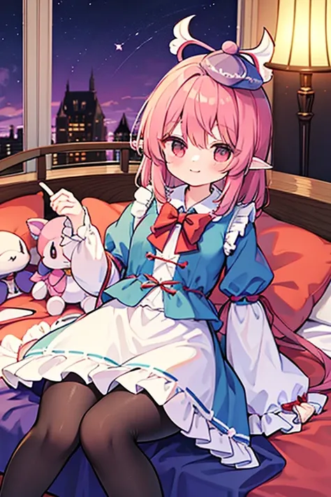 mystia lorelei, frilled skirt, frilled sleeves, long sleeves, hat mystia lorelei and the characters of the Touhou Project (Touhou) sleep in a fantasy room filled with cute racehorse stuffed toys and racehorse dolls.