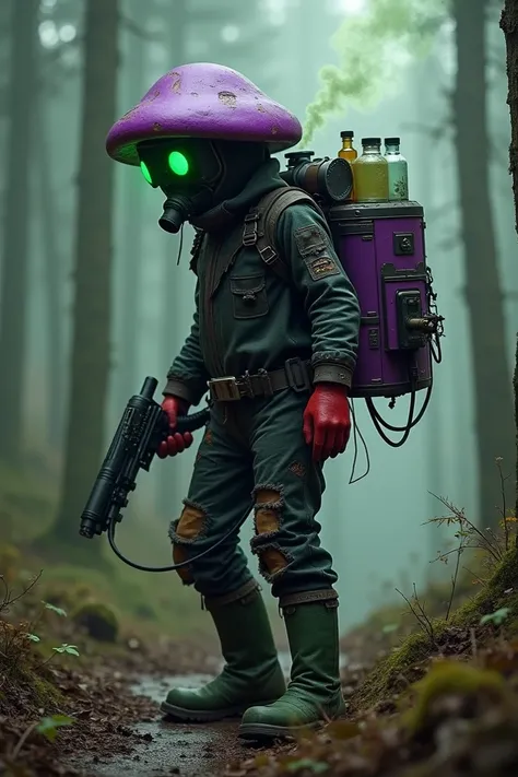   It creates a dark and gloomy image that a person with a purple mushroom head and with something to breathe ,  since the place where this image is located is a toxic forest ,  that your suit is glasses like a diver ,  an anti-radiation suit that is too bl...