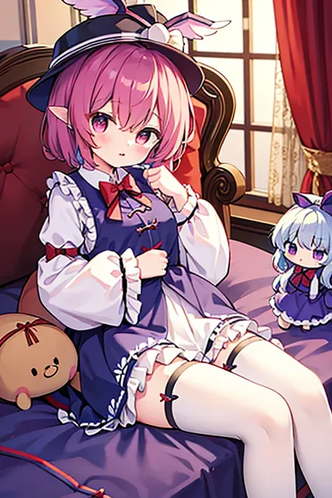 mystia lorelei, frilled skirt, frilled sleeves, long sleeves, hat mystia lorelei and the characters of the Touhou Project (Touhou) sleep in a fantasy room filled with cute racehorse stuffed toys and racehorse dolls.