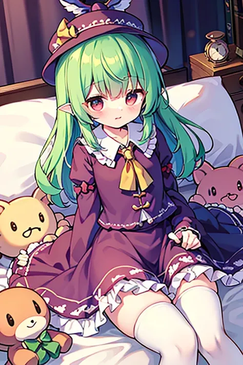 mystia lorelei, frilled skirt, frilled sleeves, long sleeves, hat mystia lorelei and the characters of the Touhou Project (Touhou) sleep in a fantasy room filled with cute racehorse stuffed toys and racehorse dolls.