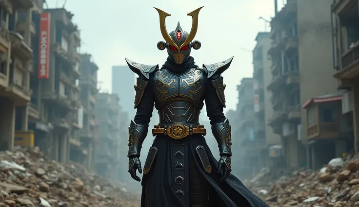 Kamen Rider, japanese ,samurai warrior style, in broken city