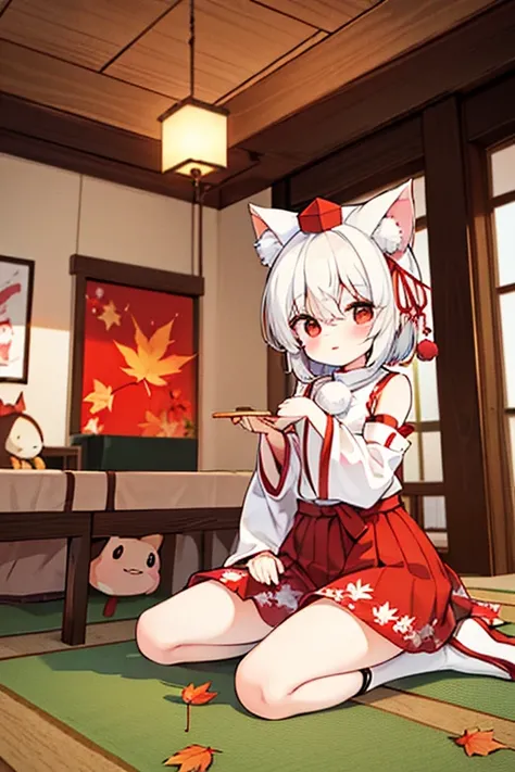 {{{ inubashiri momiji (touhou)}}}, red eyes, white hair, animal ear fluff, red tokin hat, sleeveless white shirt, turtleneck, ribbon-trimmed detached white sleeves, two-tone black and red skirt, maple leaf print, tengu-geta, sword, shield, holding inubashi...