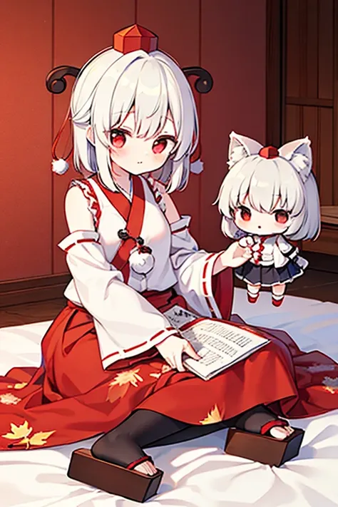 {{{ inubashiri momiji (touhou)}}}, red eyes, white hair, animal ear fluff, red tokin hat, sleeveless white shirt, turtleneck, ribbon-trimmed detached white sleeves, two-tone black and red skirt, maple leaf print, tengu-geta, sword, shield, holding inubashi...