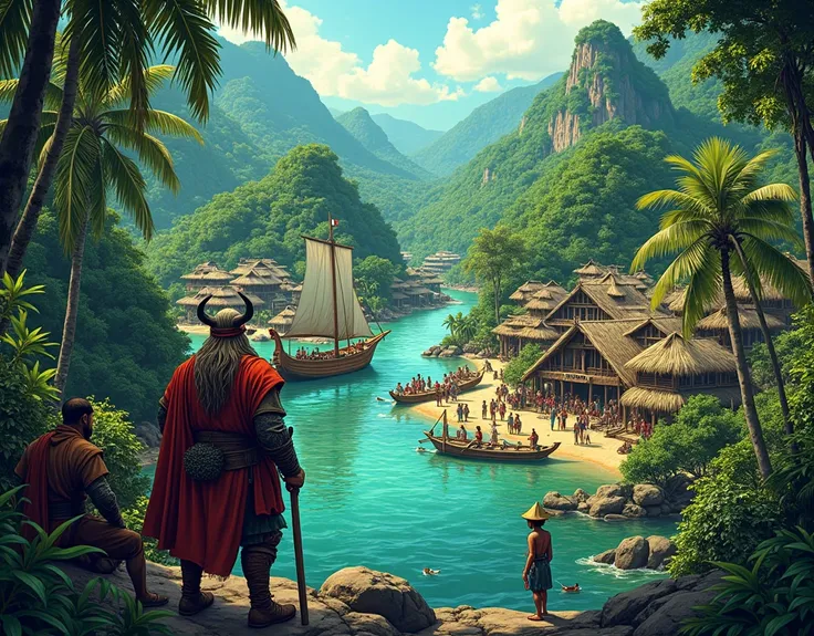  Comics-style image, very large Viking settlement, in the Amazon rainforest, 900s , Nourished with Caribbean Indians 