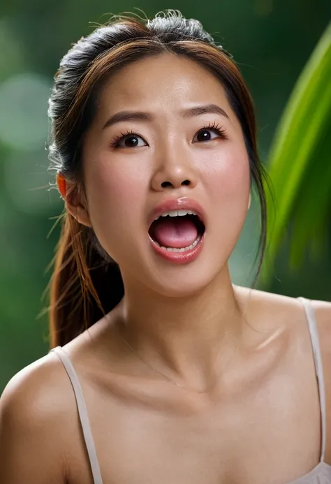 Ultra detailed photo of vietnamese woman, beautiful girl, highest quality realistic skin, eyes in focus, 30 years old, focus on mouth, open mouth, saliva, open mouth wide, inside of mouth visible, ponytail hair, mouth open wide, uvula visible, turn the fac...