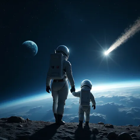 A mother and her  holding hands and spacewalking, with the blue Earth visible in the background, vast expanse of space, and a long strip of light from a comet