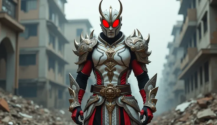 Kamen Rider, indonesia ,viking warrior style, white red colors, in broken city, foto full body