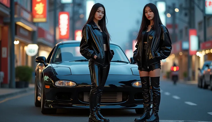 realistic photo , 2 asian woman standing , wearing black shinny pvc jumpsuit , shinny pvc jacket , wearing black shinny pvc thigh high boots , shinny pvc long gloves , in japanese street at dusk with mazda rx-7