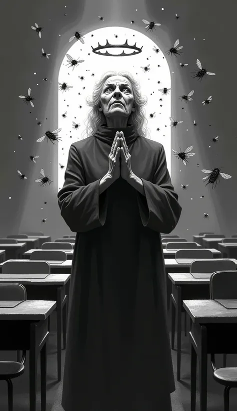 The image is a monochrome illustration depicting a very smug old woman teacher, with a saintly halo, praying in a classroom, surrounded by many flies.
