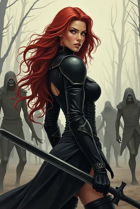  Woman with long wavy red hair,  golden eyes , black armor, Battlefield against zombies background, medieval times, dark fantasy,  battle pose with a black and silver sword,  simple illustration style  
