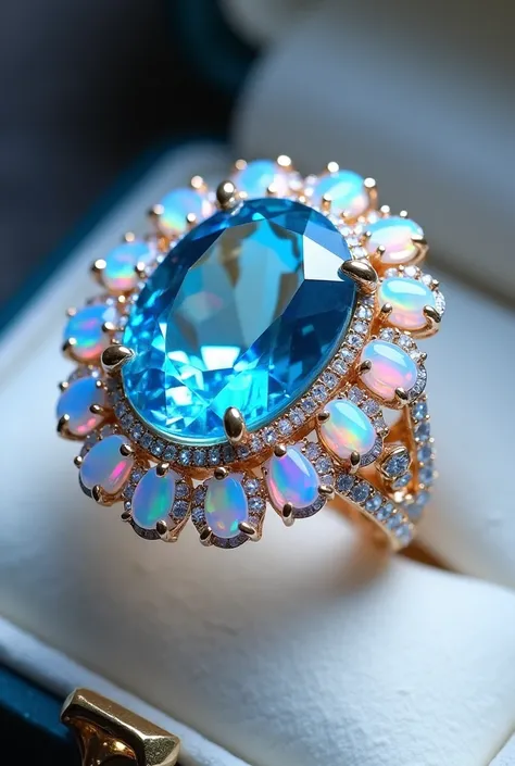  a close up of a ring with a blue topaz stone surrounded by white opal ,  gems and ornate colored crystals , opal diamond ,  opal petals ,  floral glitter , opalescente,  magic crystal ring ,  iridescent jewelry ,  with sparkling gems on top ,  Adorned wit...