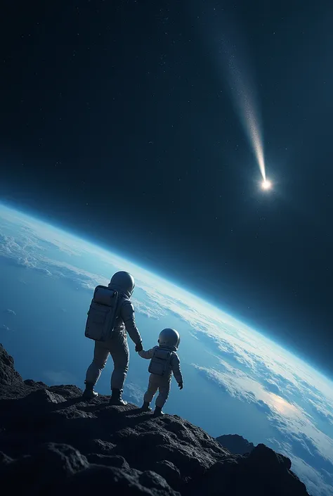 A mother and her  holding hands and spacewalking, with the blue Earth visible in the background, vast expanse of space, and a long strip of light from a comet