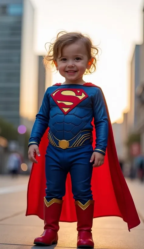  An ultra realistic image of a  up to two years old wearing a Superman costume. The  is facing , standing, smiling with confidence.  She wears the iconic blue costume with the gold S on her chest , the red cape flowing behind and the matching red pants . O...