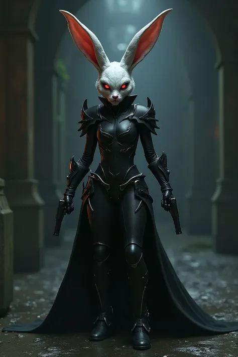 Rabbitface blackrabbit girl sexyandscary wearingblackarmor standingposition holdingtwopistol redeyes