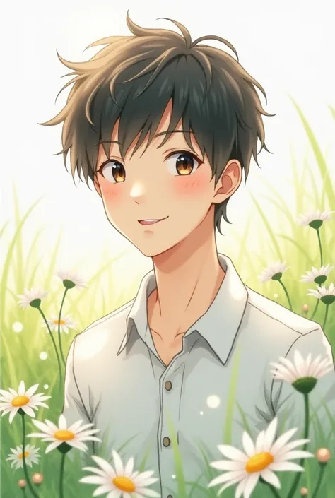  Extremely Hazy Romantic Watercolor Painting , Japanese Beautiful Teen Male Idol Wearing White Casual Shirt Playful Smiling Meadow Close-up, Background Focused Dot Hazy Rendering Small White Daisy Field ,White Position Two Japanese Poems 。