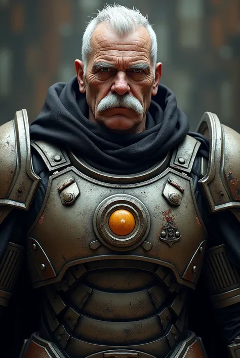  Draw a sixty-year-old imperial leader, tough features and mustache wearing exo-armor with a sadistic expression 