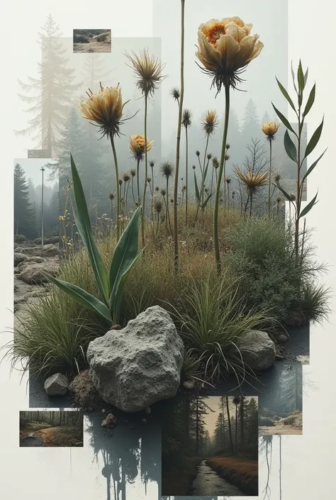  Make me a collage of different images that represent natural contamination of plants, I give Lands and That Stuff and that its main color is gray .  That the images do not look like a single photo but as several photos one on top of the other and with sev...