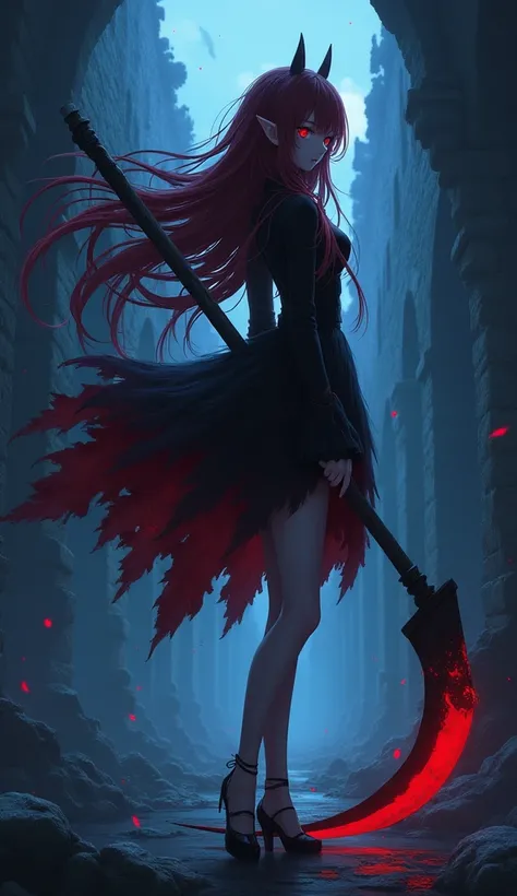 Anime, 1 girl, long flowing hair, reddish black hair, pointed ears, red eyes, long legs, wearing a reddish black hairy dress, standing on a stuck scythe, serious, has a black aura controlling blood, is in the castle ruins, Dark Blue Black Holes, High Resol...