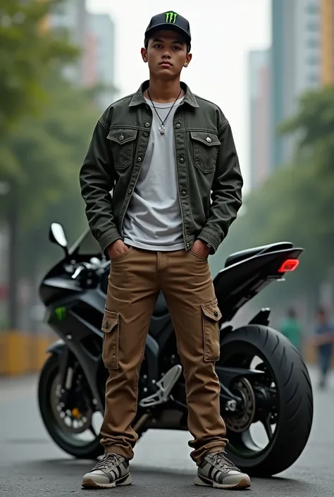  27-year-old Indonesian man standing wearing basketball cap *monster energy  "jacket, t-shirt ,  brown jeans ,  cool shoes facing camera with Yamaha sport bike in background