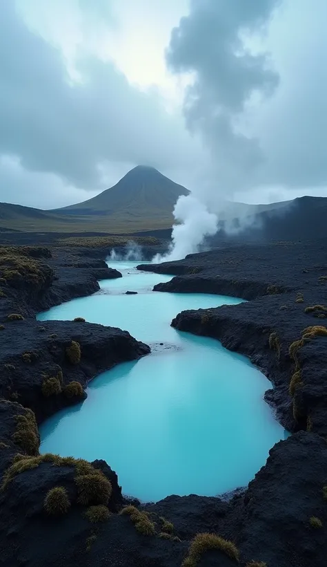 A volcanic landscape in Iceland, steaming geothermal pools surrounded by rugged black lava fields, vibrant blue waters contrasting with moss-covered rocks, under a dramatic cloudy sky. atmospheric lighting, vivid contrasts, hd quality --ar 16:9 --v 6.0