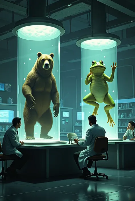 Here’s a possible prompt for the picture you received:

"A futuristic laboratory featuring two enormous test tubes: one containing a massive bear and the other a giant frog. The test tubes are illuminated with a soft, eerie glow. Two scientists, dressed in...