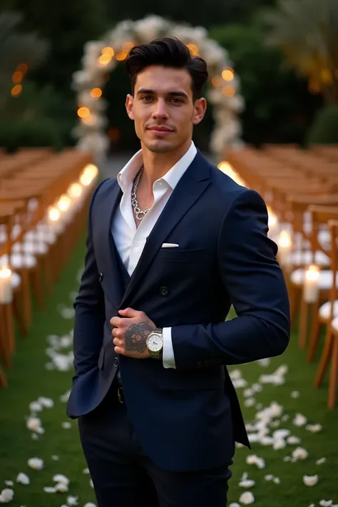 Night White man 23 years old, muscular, Ecliptic physicist ,  big wavy black hair,  tattoo on the hand. Wearing a navy blue suit and fine diamond chain.   He is wearing a wristwatch on his left hand .  an outdoor wedding runner .  In the background a corri...